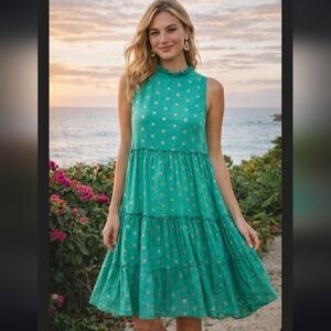 Oliphant Vibrant Green 100% Cotton Dress with Metalic Poka Dots Medium
